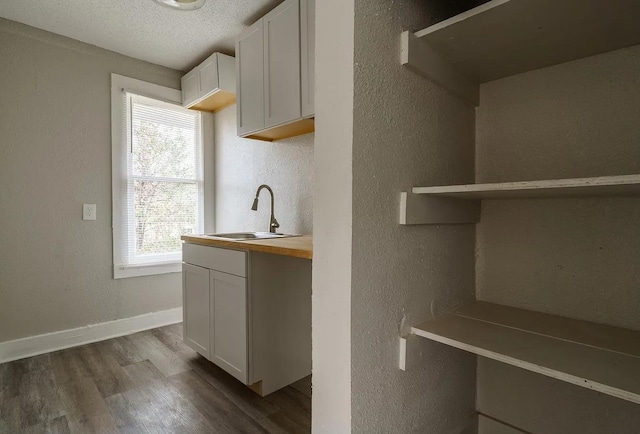 kitchen featuring baseboards, dark wood finished floors, a textured wall, a textured ceiling, and a sink