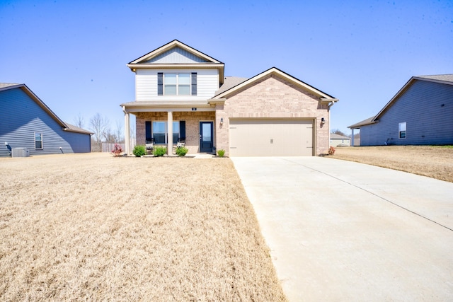 view of front of property featuring brick siding, a porch, concrete driveway, and a garage