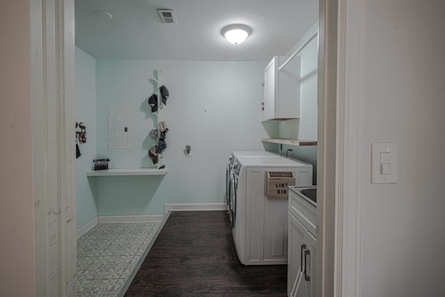 laundry area featuring visible vents, electric panel, cabinet space, independent washer and dryer, and dark wood-style flooring