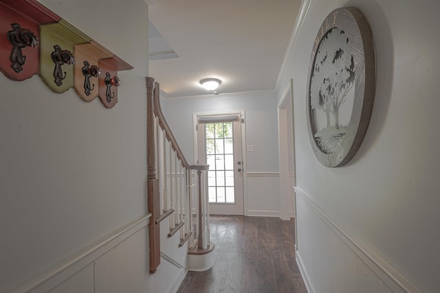 entrance foyer with stairway, wainscoting, dark wood-type flooring, and ornamental molding