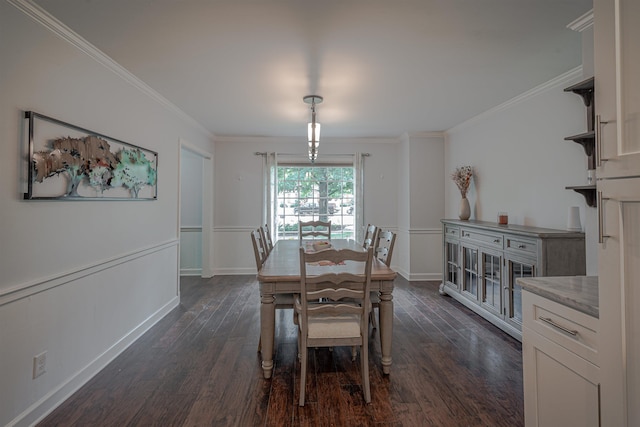 dining space with dark wood-style floors and ornamental molding