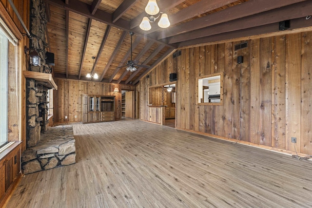 unfurnished living room featuring wooden walls, visible vents, vaulted ceiling with beams, wood ceiling, and wood-type flooring