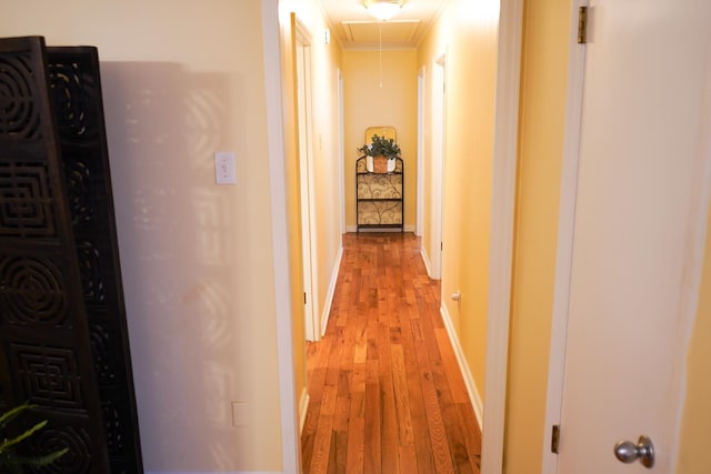 corridor featuring light wood-style flooring, attic access, baseboards, and ornamental molding