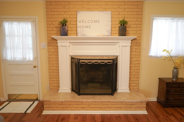 details with baseboards, wood finished floors, and a fireplace with raised hearth