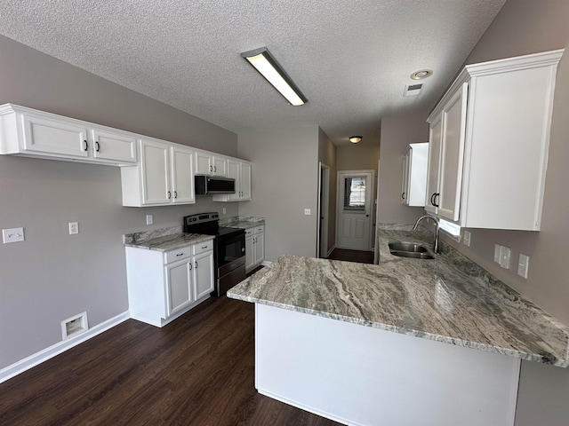 kitchen featuring stainless steel microwave, light stone countertops, a peninsula, electric range, and a sink