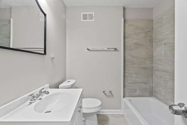 full bath with visible vents, baseboards, toilet, vanity, and a textured ceiling