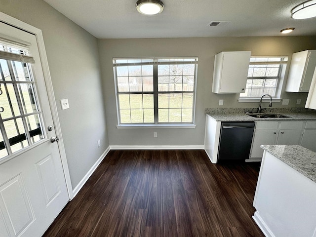 kitchen with visible vents, light stone countertops, dishwasher, white cabinetry, and a sink