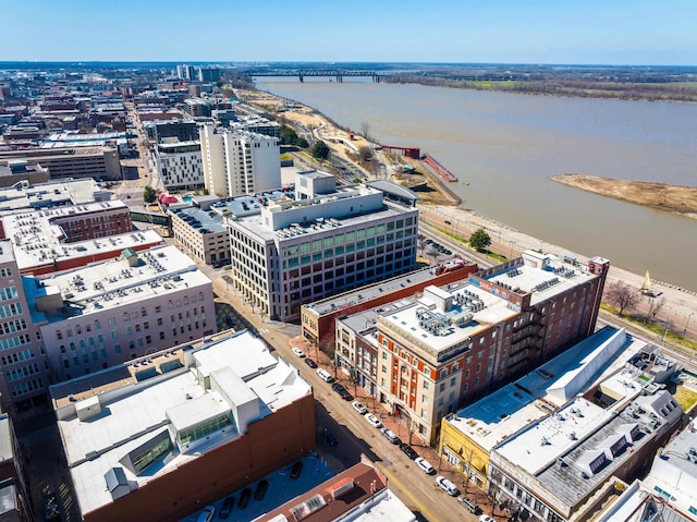 aerial view featuring a water view and a view of city