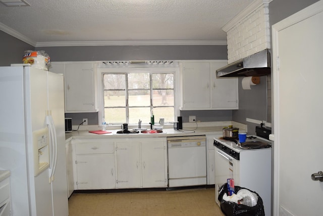 kitchen with under cabinet range hood, a sink, white appliances, crown molding, and light countertops