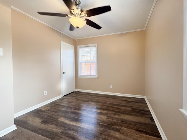 empty room with a ceiling fan, crown molding, baseboards, and dark wood-style flooring