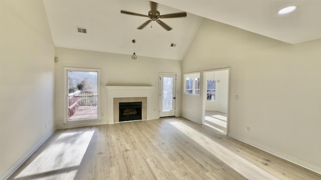 unfurnished living room featuring baseboards, visible vents, light wood finished floors, and ceiling fan