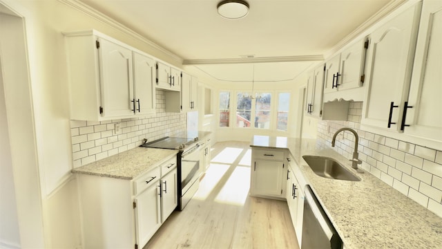 kitchen with light stone countertops, a sink, range with electric cooktop, stainless steel dishwasher, and light wood-type flooring