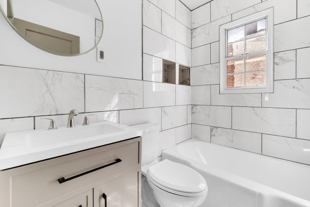 full bathroom featuring shower / tub combination, toilet, vanity, and tile walls