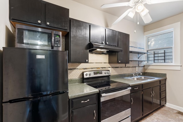 kitchen with a ceiling fan, under cabinet range hood, a sink, tasteful backsplash, and appliances with stainless steel finishes