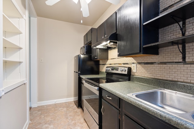 kitchen with electric range, open shelves, under cabinet range hood, a sink, and tasteful backsplash