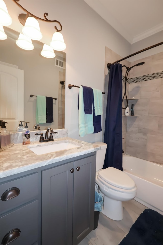bathroom featuring visible vents, toilet, shower / tub combo, crown molding, and vanity