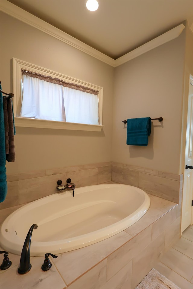 bathroom featuring crown molding, a bath, and tile patterned floors