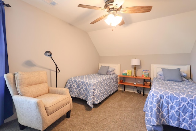 bedroom featuring visible vents, ceiling fan, carpet, and lofted ceiling