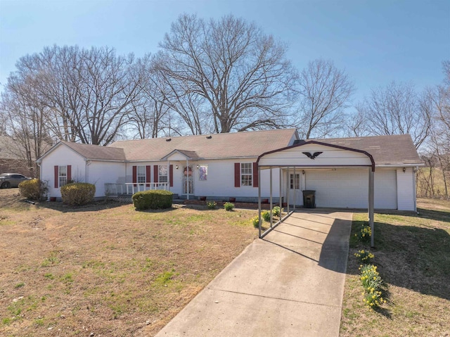 ranch-style home featuring driveway, a front lawn, and a garage