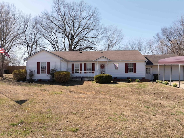 single story home featuring crawl space, a front yard, and a carport