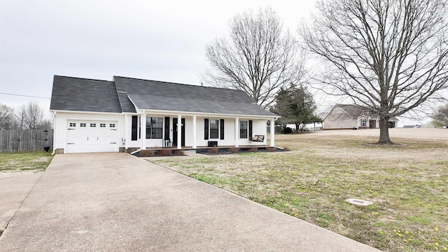 view of front of home featuring fence, a porch, an attached garage, a front lawn, and concrete driveway