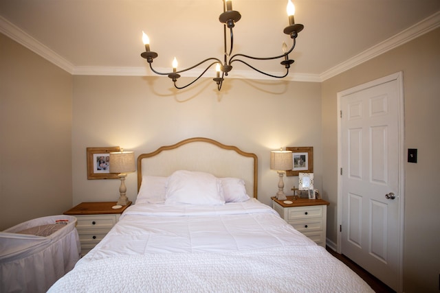 bedroom with a chandelier and ornamental molding