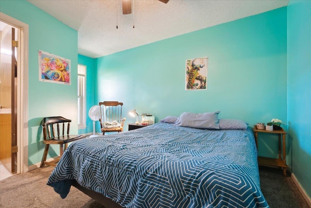 bedroom with carpet flooring, a ceiling fan, baseboards, and a textured ceiling