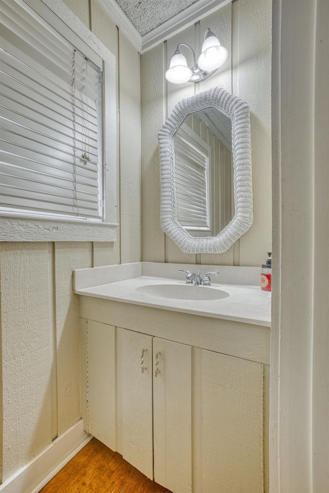 bathroom with vanity, wood finished floors, and a textured wall