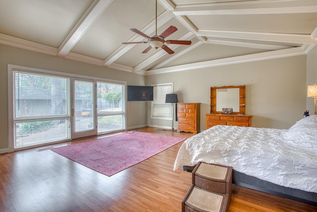 bedroom with lofted ceiling with beams, access to exterior, visible vents, and light wood finished floors