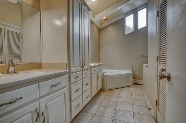 full bath with vanity, ornamental molding, a closet, tile patterned floors, and a bath