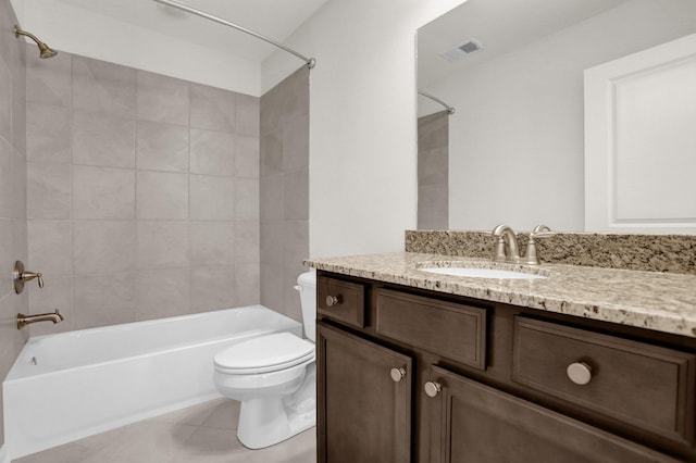 full bathroom featuring tile patterned flooring, visible vents, toilet, and  shower combination