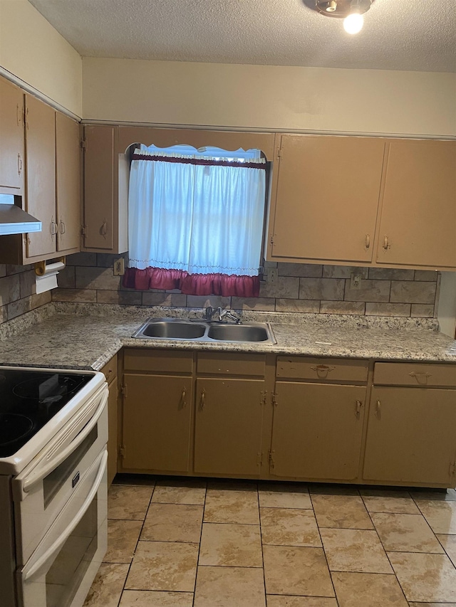 576 Monteagle Dr, Memphis, TN 38109 - kitchen with range with two ovens, a sink, extractor fan, a textured ceiling, and tasteful backsplash
