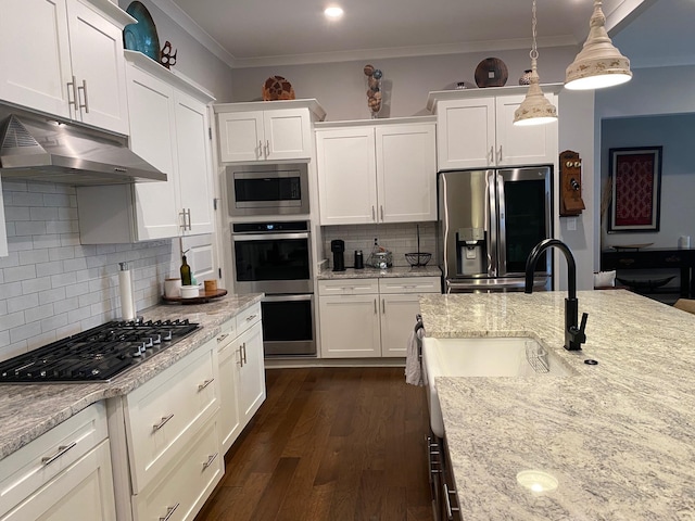 kitchen with ornamental molding, under cabinet range hood, dark wood finished floors, appliances with stainless steel finishes, and white cabinets