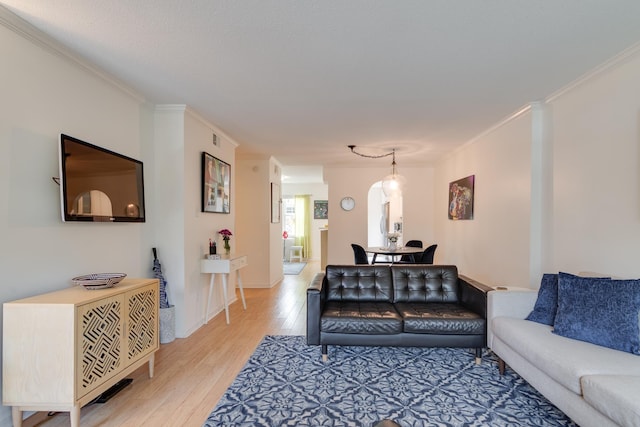 living area featuring light wood-type flooring, baseboards, and ornamental molding