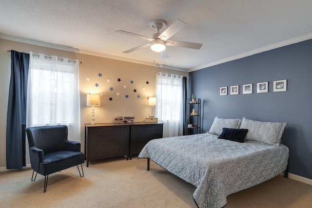 bedroom with crown molding, multiple windows, and light colored carpet