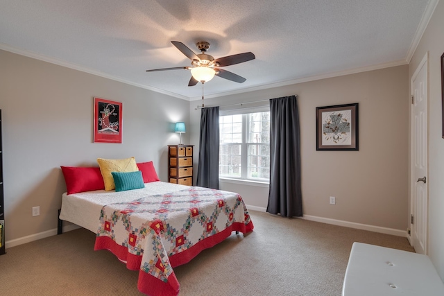 carpeted bedroom featuring crown molding, a ceiling fan, baseboards, and a textured ceiling