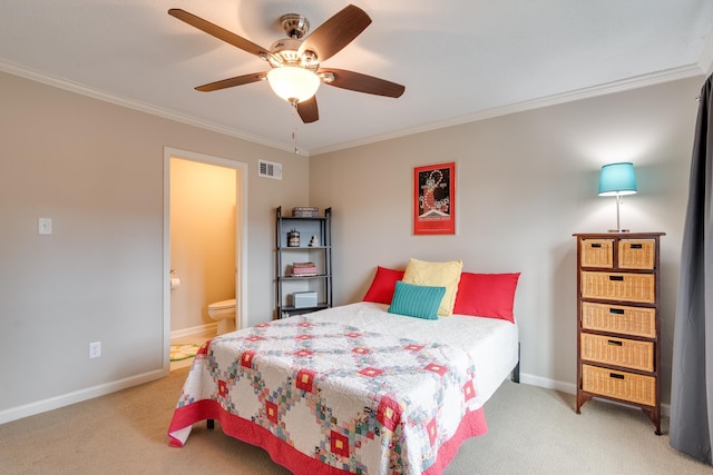 bedroom with baseboards, light colored carpet, visible vents, and ornamental molding