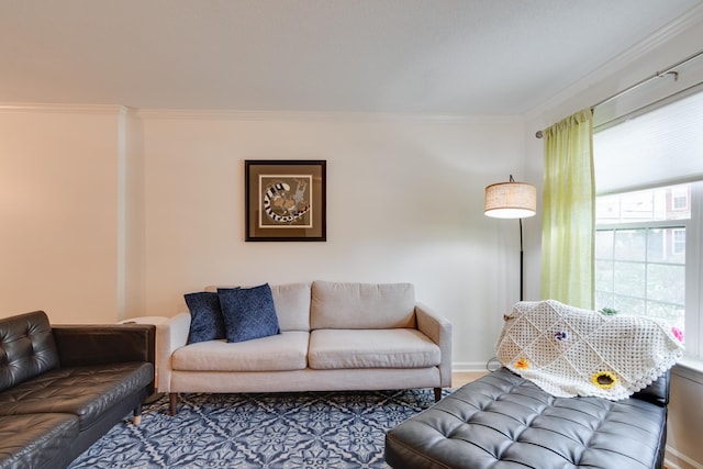 living area with crown molding and baseboards