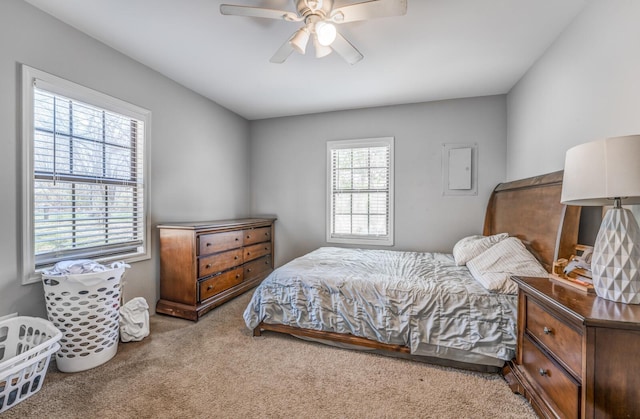 bedroom with ceiling fan and carpet flooring