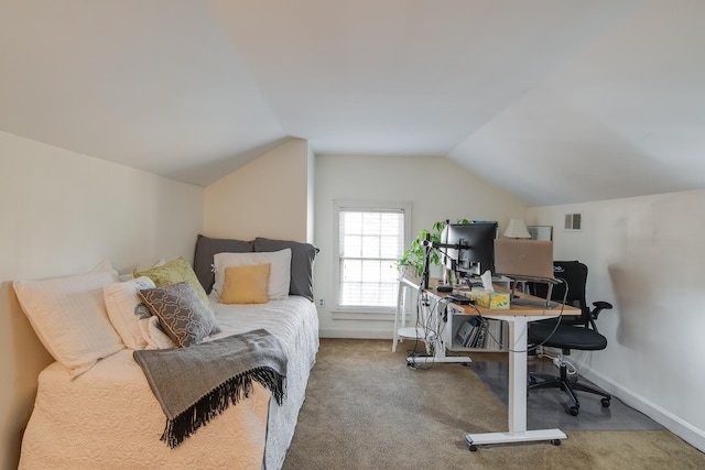 bedroom featuring visible vents, baseboards, carpet, and lofted ceiling
