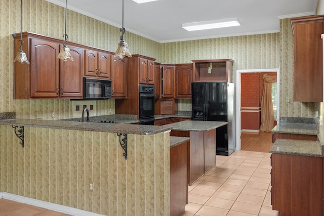 7570 Chapel Ridge Dr, Memphis, TN 38016 - kitchen with black appliances, a kitchen breakfast bar, a peninsula, wallpapered walls, and light tile patterned floors