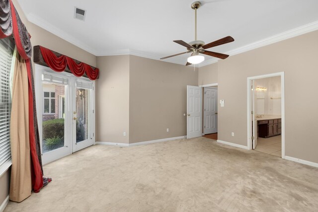 7570 Chapel Ridge Dr, Memphis, TN 38016 - unfurnished bedroom with visible vents, crown molding, baseboards, light carpet, and access to outside
