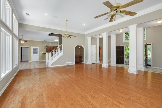 7570 Chapel Ridge Dr, Memphis, TN 38016 - unfurnished living room with visible vents, baseboards, ceiling fan, ornamental molding, and decorative columns