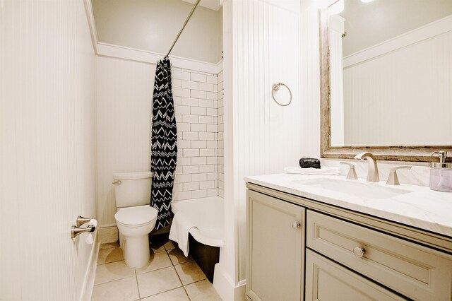 bathroom with vanity, tile patterned floors, toilet, and shower / bathtub combination with curtain