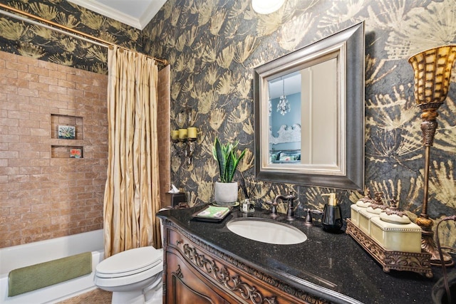 full bathroom with wallpapered walls, visible vents, toilet, vanity, and ornamental molding