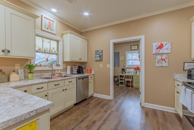 kitchen with plenty of natural light, ornamental molding, a sink, dishwasher, and light wood-style flooring