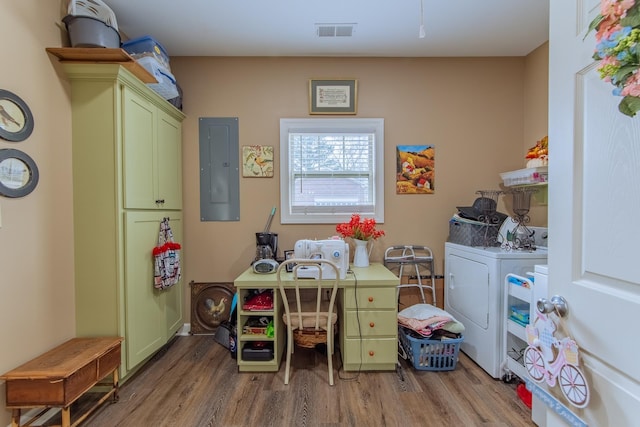 office area featuring visible vents, independent washer and dryer, electric panel, and light wood-type flooring