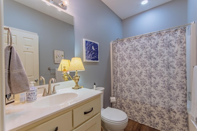 bathroom featuring curtained shower, toilet, vanity, and wood finished floors