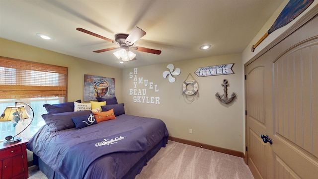 100 Carefree Ln, Counce, TN 38326 - bedroom featuring recessed lighting, a closet, light carpet, ceiling fan, and baseboards