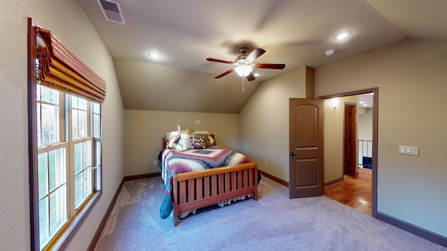 100 Carefree Ln, Counce, TN 38326 - carpeted bedroom with baseboards, visible vents, ceiling fan, and vaulted ceiling